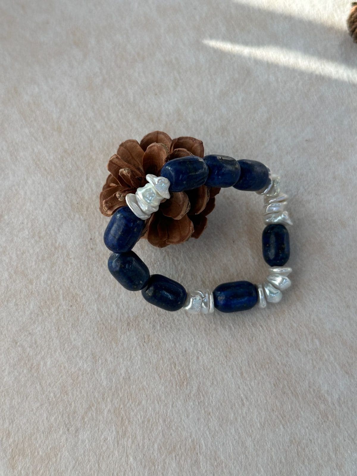 natural gemstone and baroque pearl bracelets — Natural Blue Stone & Baroque Pearl Stretch Bracelet | PoetPearl handcrafted jewelry