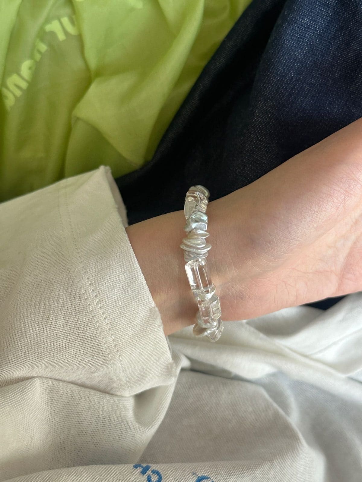 natural gemstone and baroque pearl bracelets — Triangle Clear Quartz & Sterling Silver Stretch Bracelet | PoetPearl handcrafted jewelry