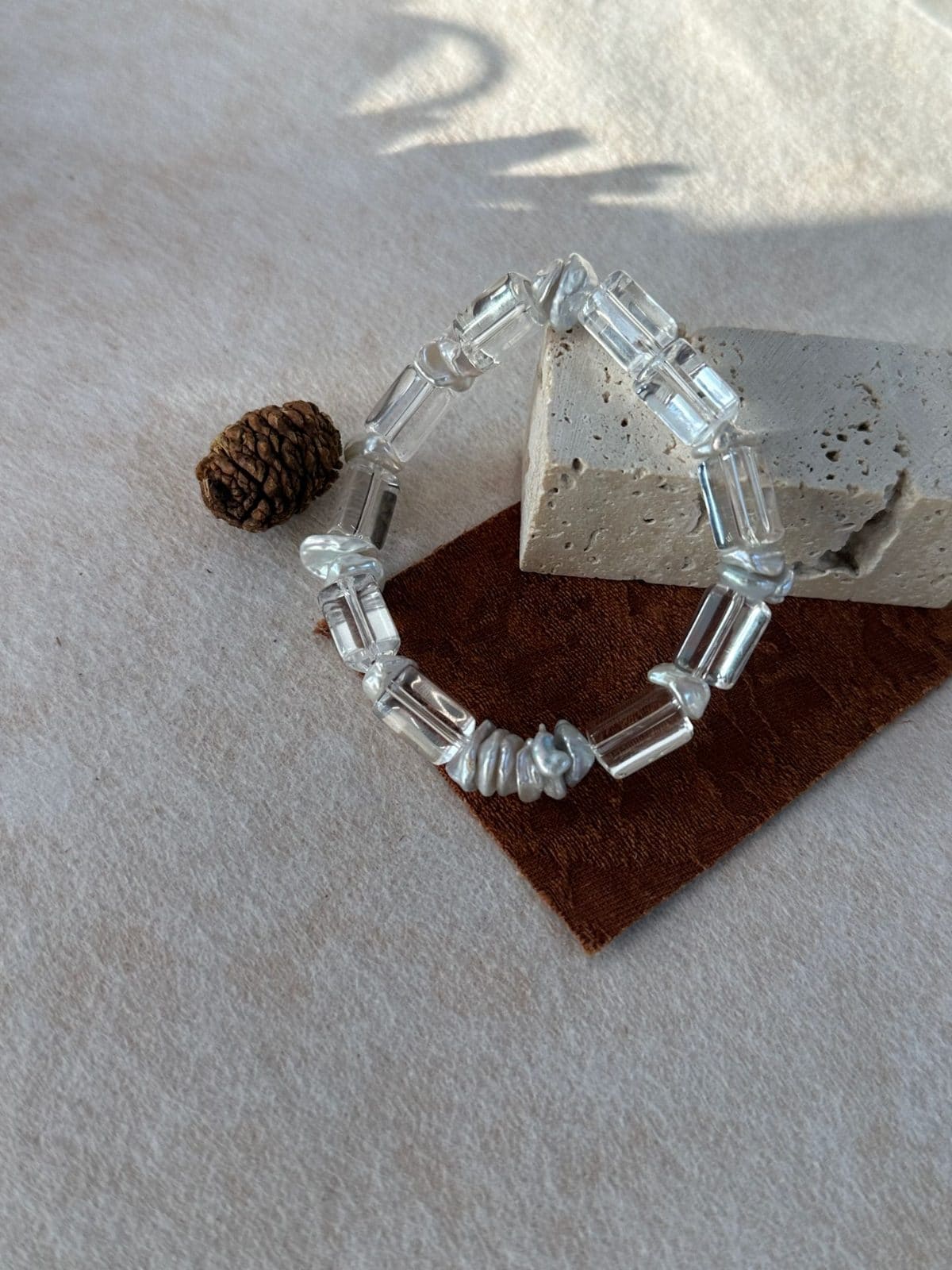 natural gemstone and baroque pearl bracelets — Triangle Clear Quartz & Sterling Silver Stretch Bracelet | PoetPearl handcrafted jewelry