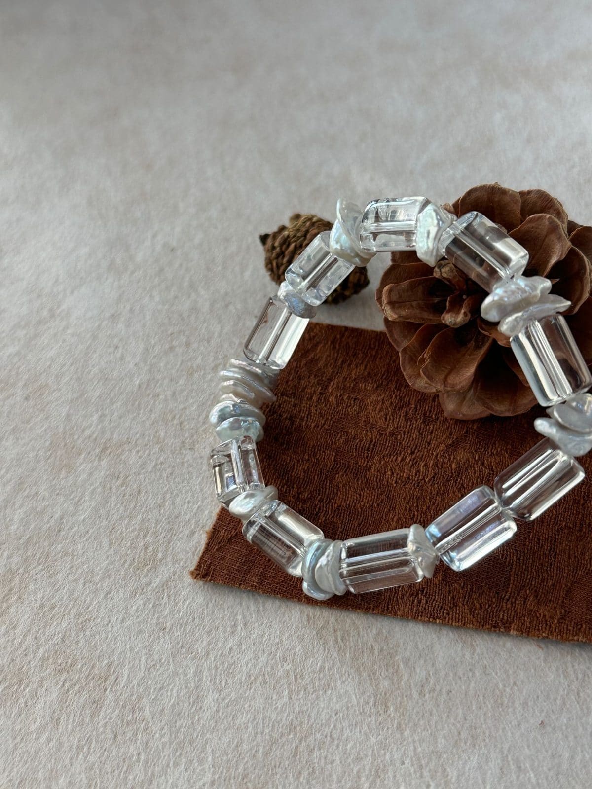 natural gemstone and baroque pearl bracelets — Triangle Clear Quartz & Sterling Silver Stretch Bracelet | PoetPearl handcrafted jewelry