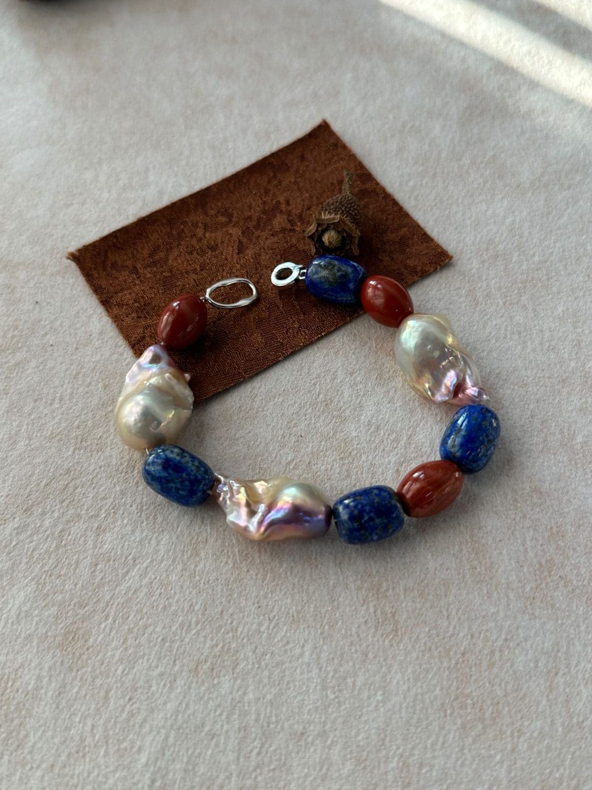natural gemstone and baroque pearl bracelets — Natural Blue & Red Stone Baroque Pearl Bracelet | PoetPearl handcrafted jewelry