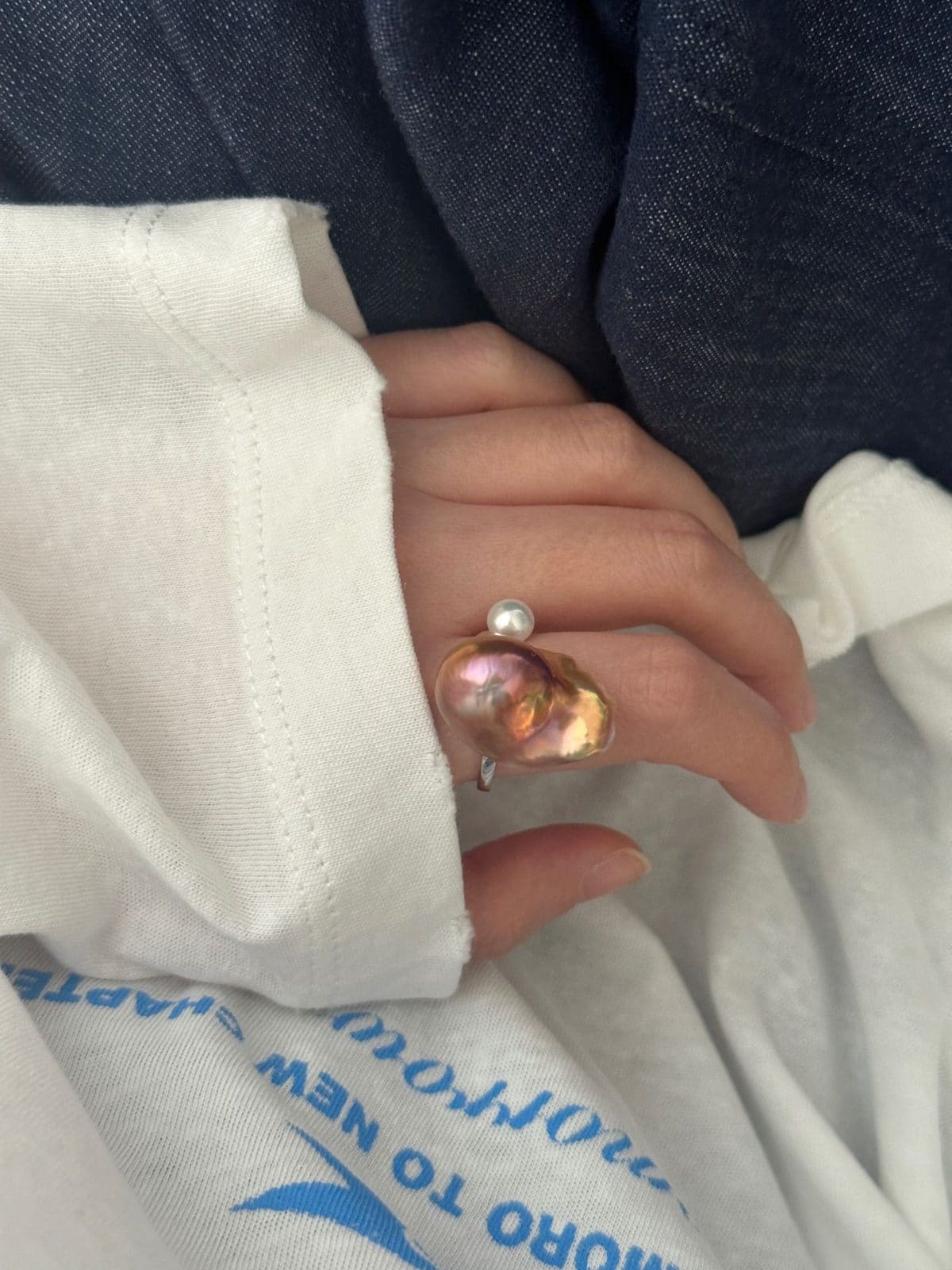 minimalist baroque pearl rings — Colorful Baroque Double Pearl Ring | PoetPearl handcrafted jewelry