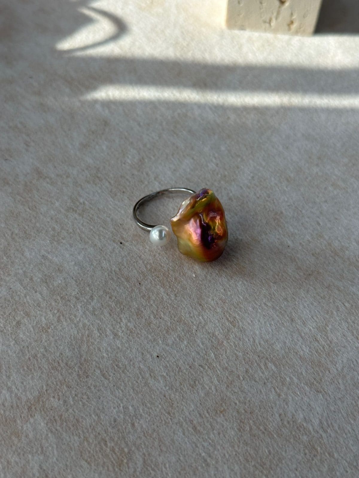 minimalist baroque pearl rings — Colorful Baroque Double Pearl Ring | PoetPearl handcrafted jewelry