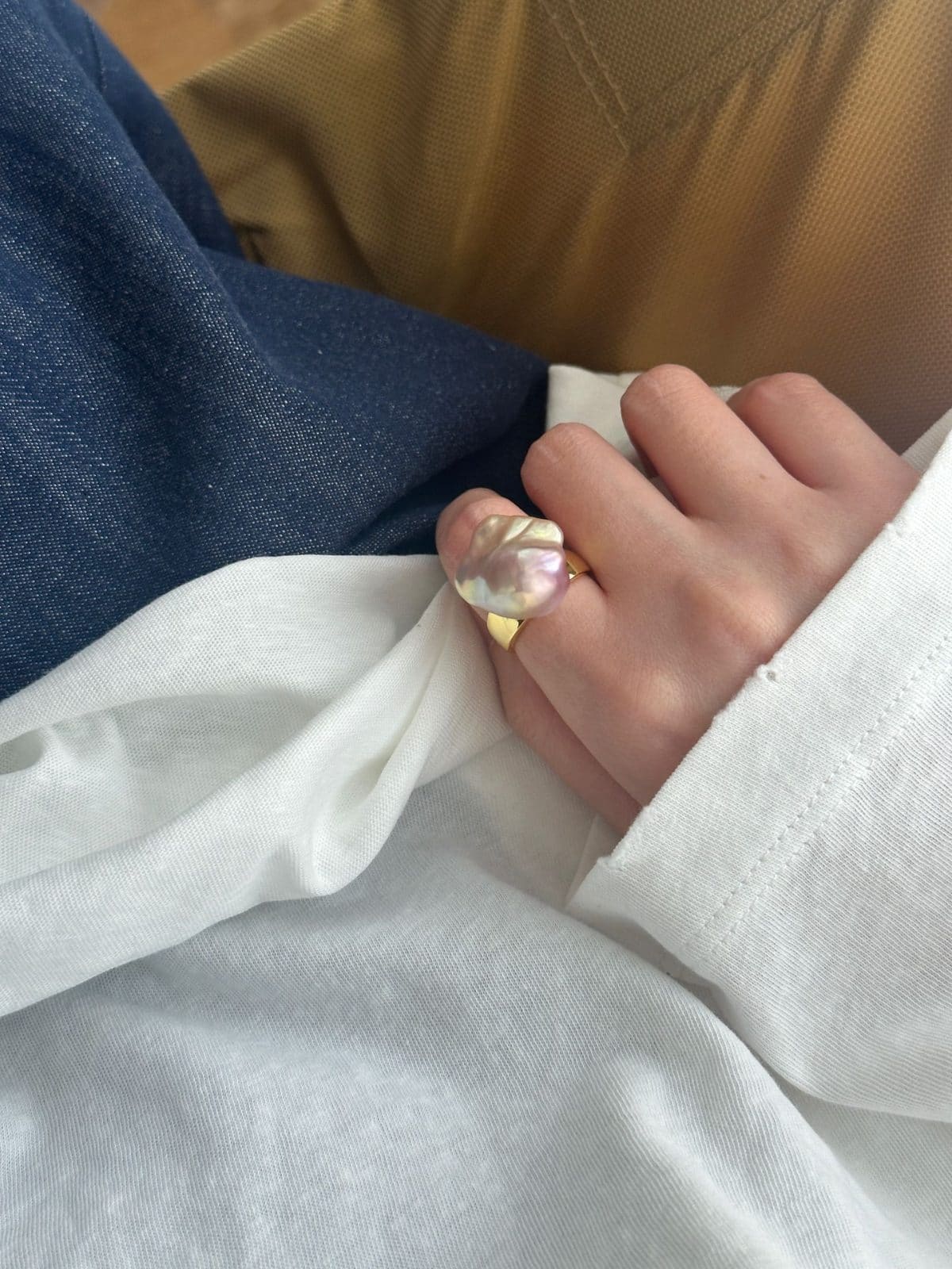 minimalist baroque pearl rings — Iridescent Baroque Square Pearl Ring | PoetPearl handcrafted jewelry