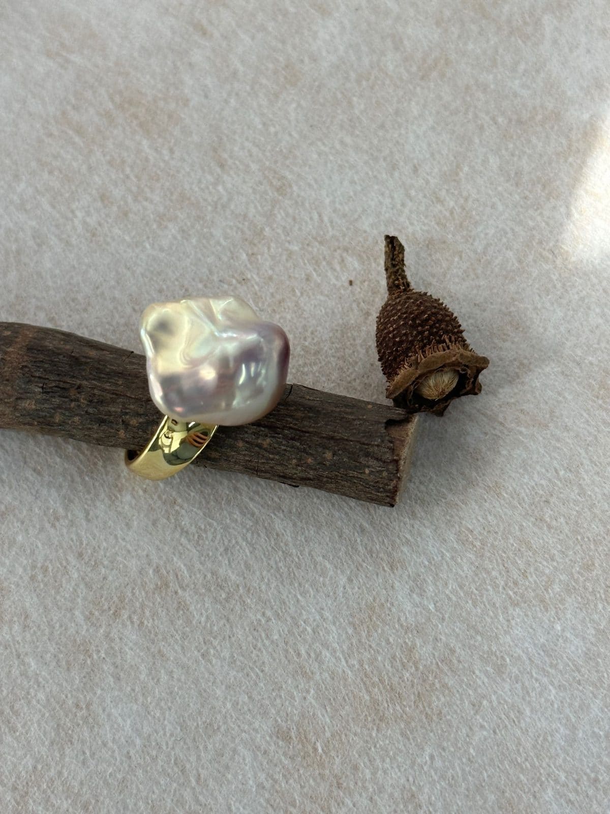 minimalist baroque pearl rings — Iridescent Baroque Square Pearl Ring | PoetPearl handcrafted jewelry