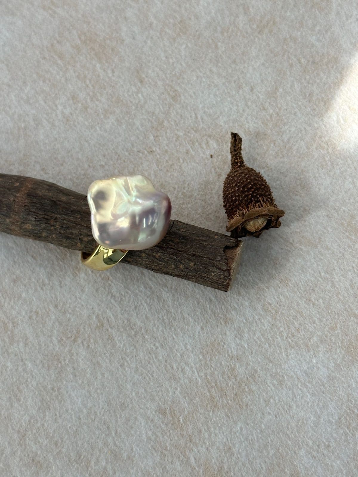 minimalist baroque pearl rings — Iridescent Baroque Square Pearl Ring | PoetPearl handcrafted jewelry