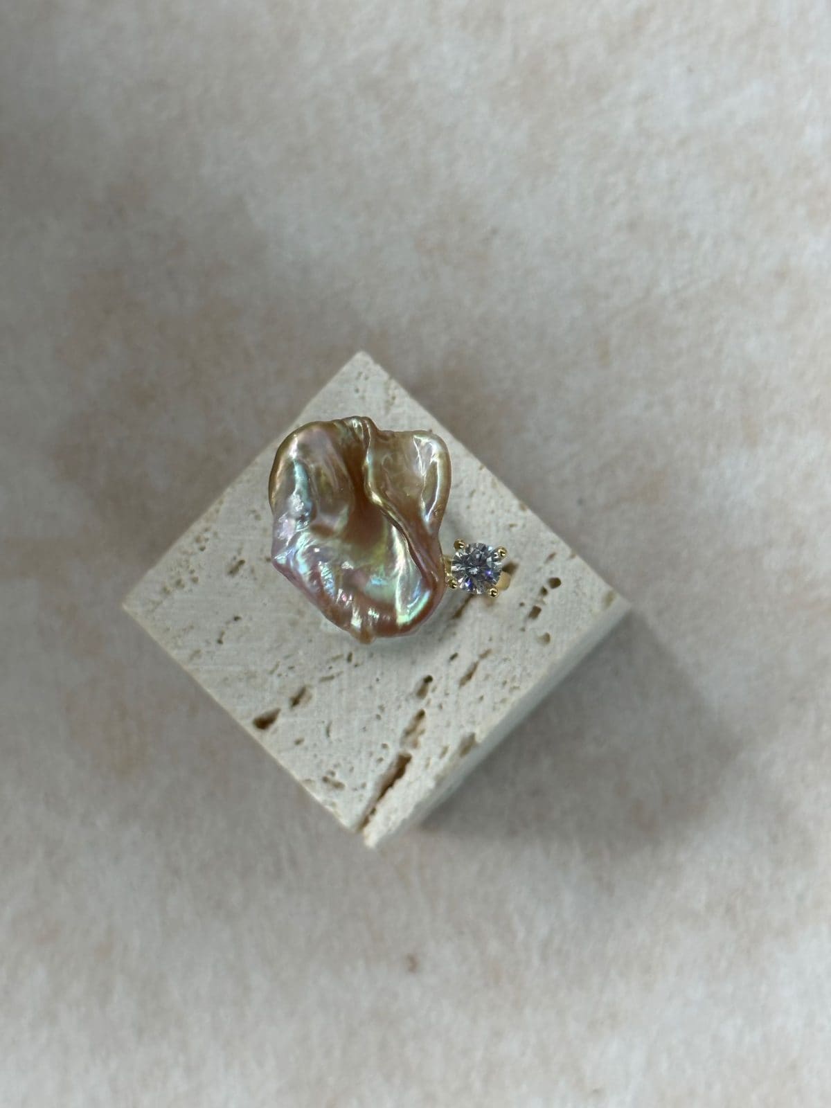 minimalist baroque pearl rings — Colorful Petal Baroque Pearl Ring with Single Crystal Accent | PoetPearl handcrafted jewelry