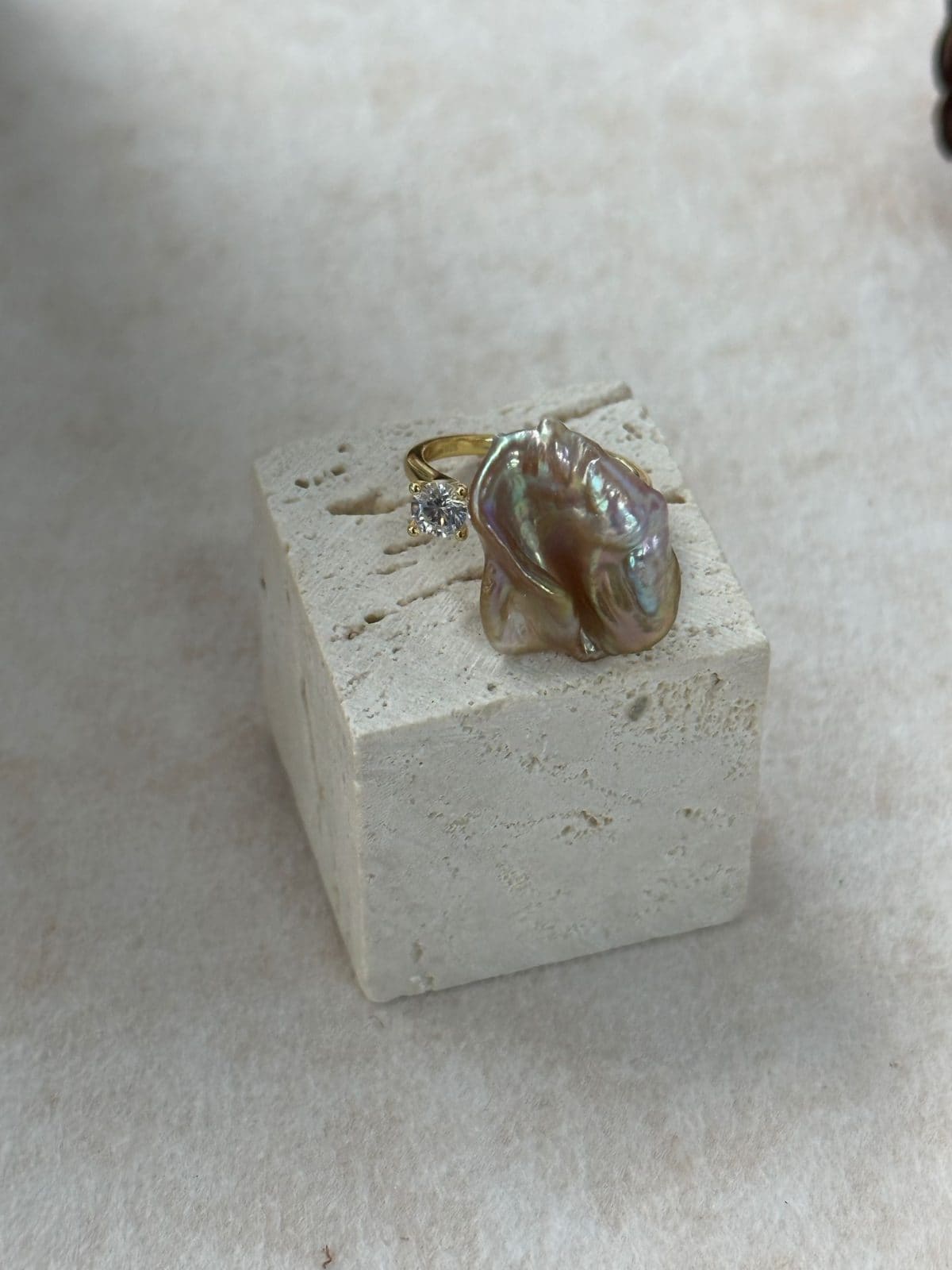 minimalist baroque pearl rings — Colorful Petal Baroque Pearl Ring with Single Crystal Accent | PoetPearl handcrafted jewelry