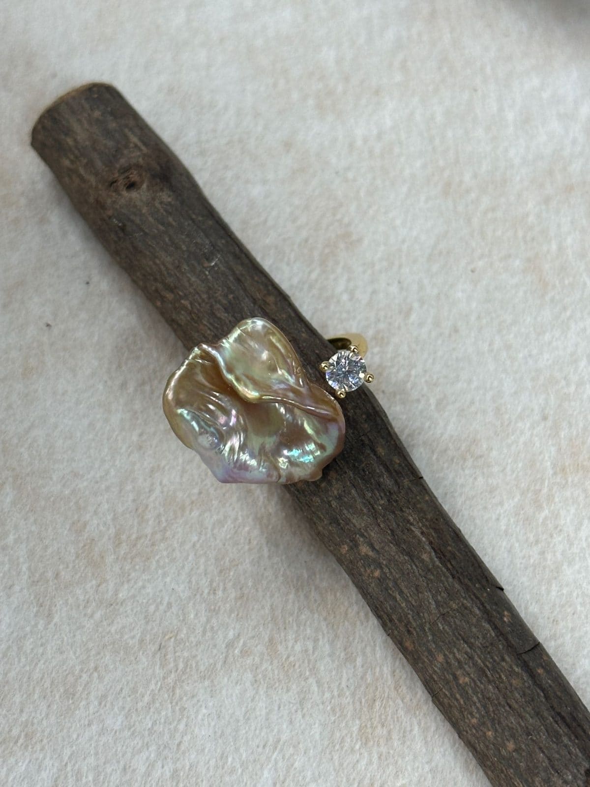 minimalist baroque pearl rings — Colorful Petal Baroque Pearl Ring with Single Crystal Accent | PoetPearl handcrafted jewelry