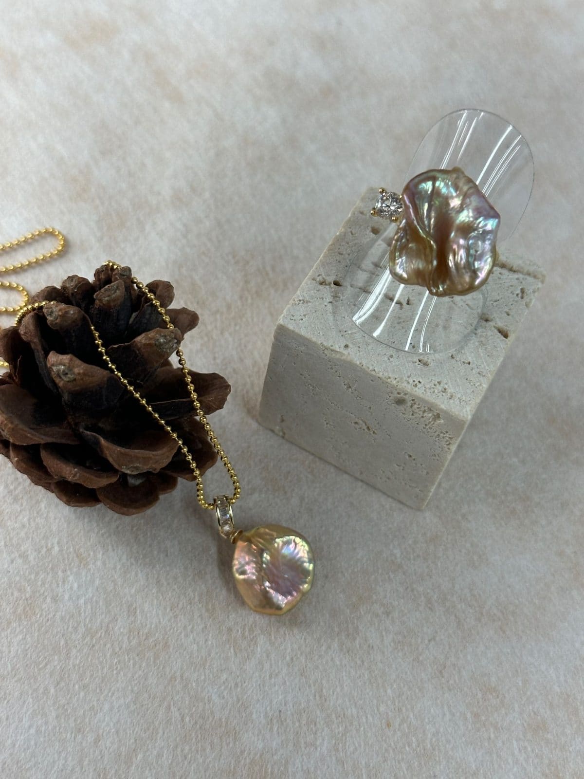 minimalist baroque pearl rings — Colorful Petal Baroque Pearl Ring with Single Crystal Accent | PoetPearl handcrafted jewelry