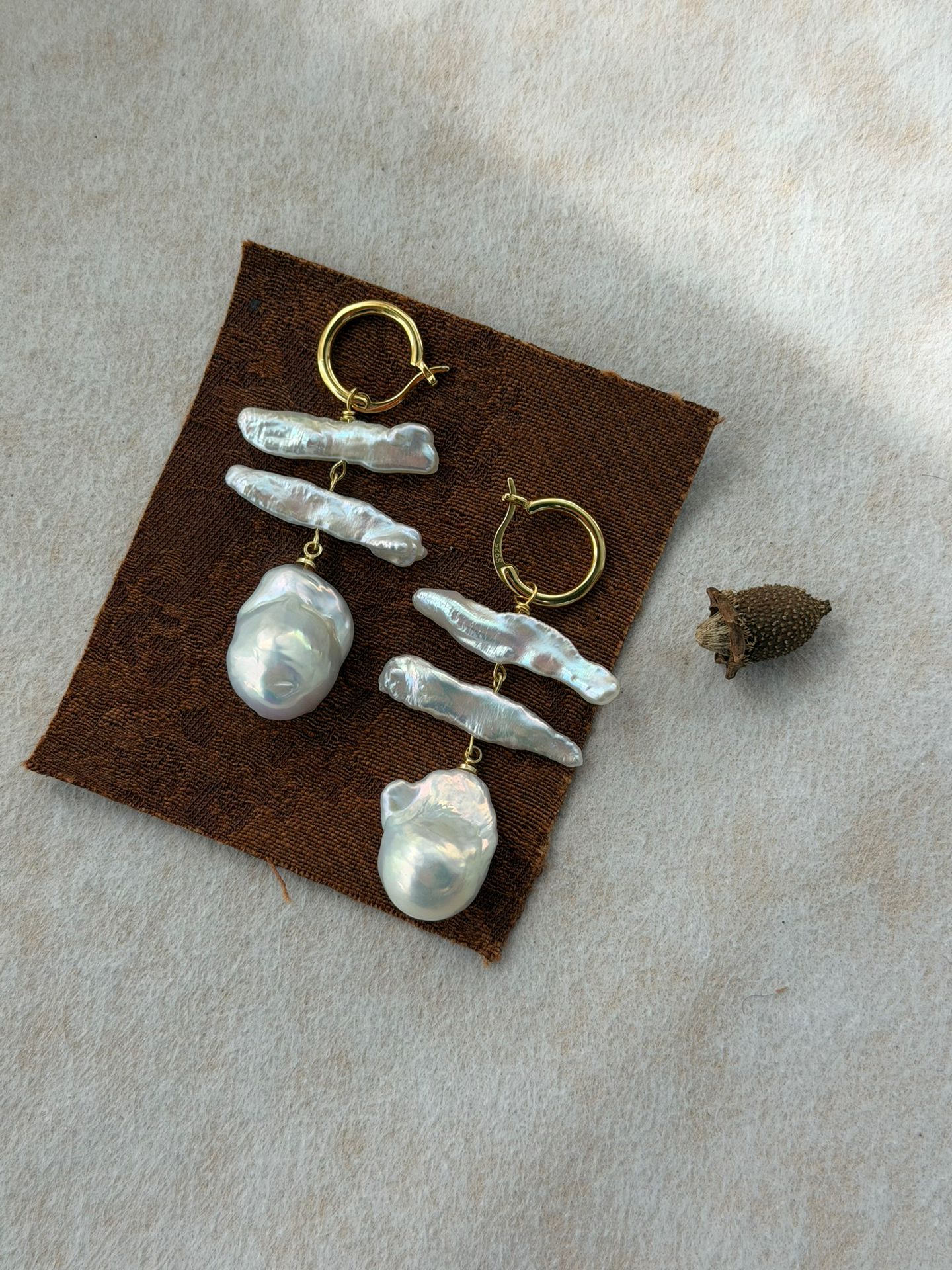 The Parallel Epic — Parallel Biwa Stick & Baroque Pearl Hoop Earrings | PoetPearl handcrafted jewelry