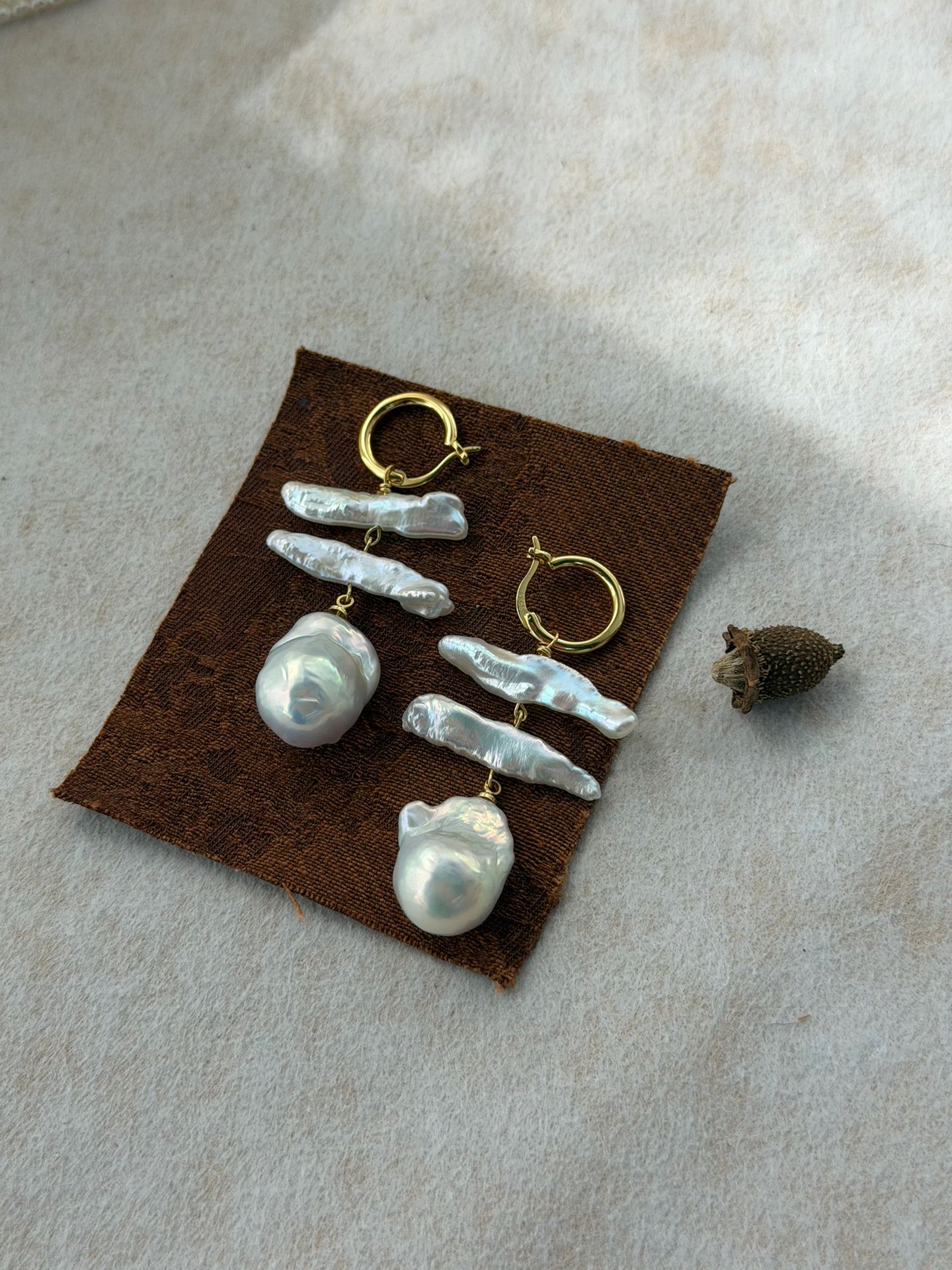 The Parallel Epic — Parallel Biwa Stick & Baroque Pearl Hoop Earrings | PoetPearl handcrafted jewelry