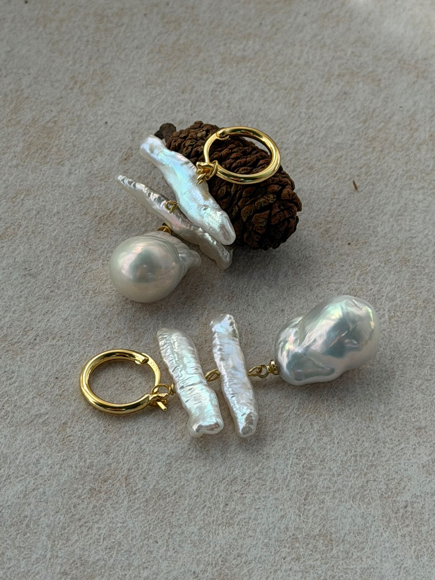 The Parallel Epic — Parallel Biwa Stick & Baroque Pearl Hoop Earrings | PoetPearl handcrafted jewelry