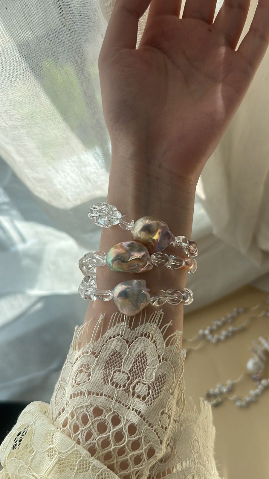 The Playful Chorus — Floating Cotton Crystal Baroque Pearl Bracelet | PoetPearl handcrafted jewelry